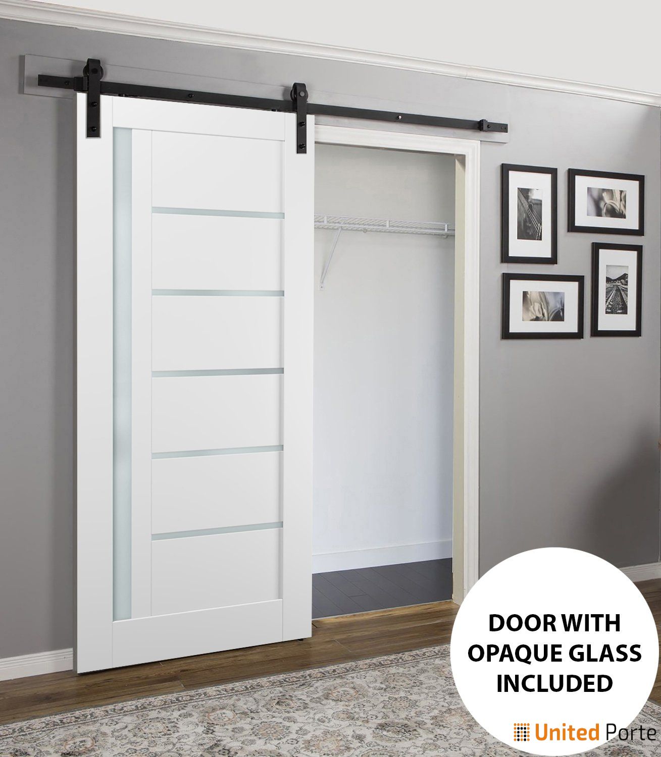 Quadro 4088 White Silk Barn Door with Frosted Glass and Black Rail