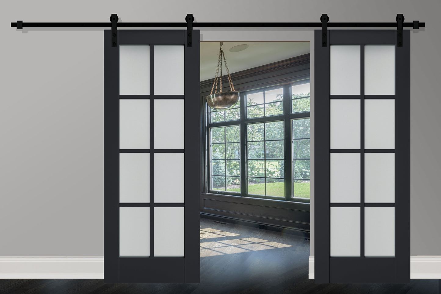 Veregio 7412 Antracite Double Barn Door with Frosted Glass and Black Rail