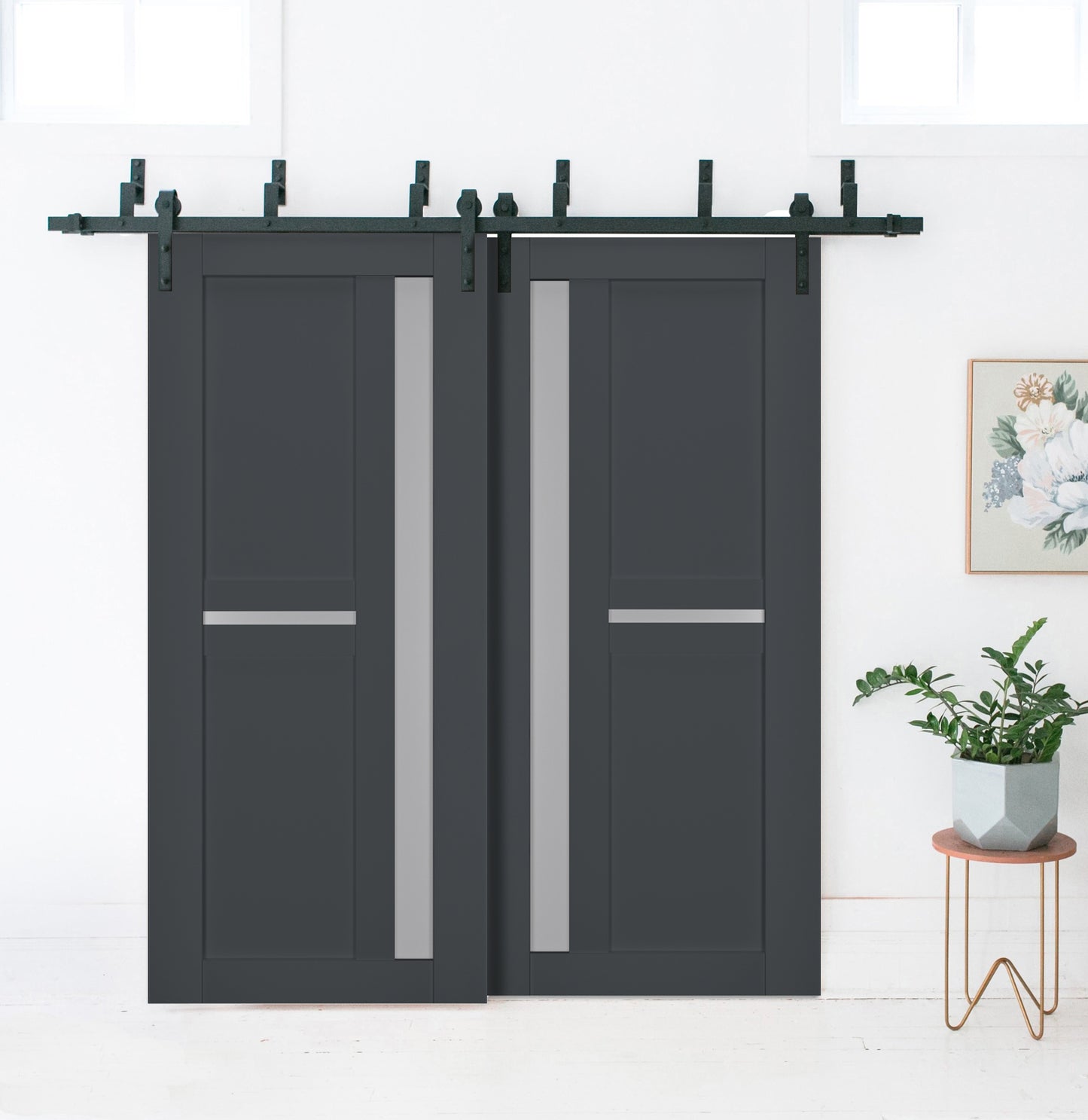 Veregio 7288 Antracite Double Barn Door with Frosted Glass and Black Bypass Rail