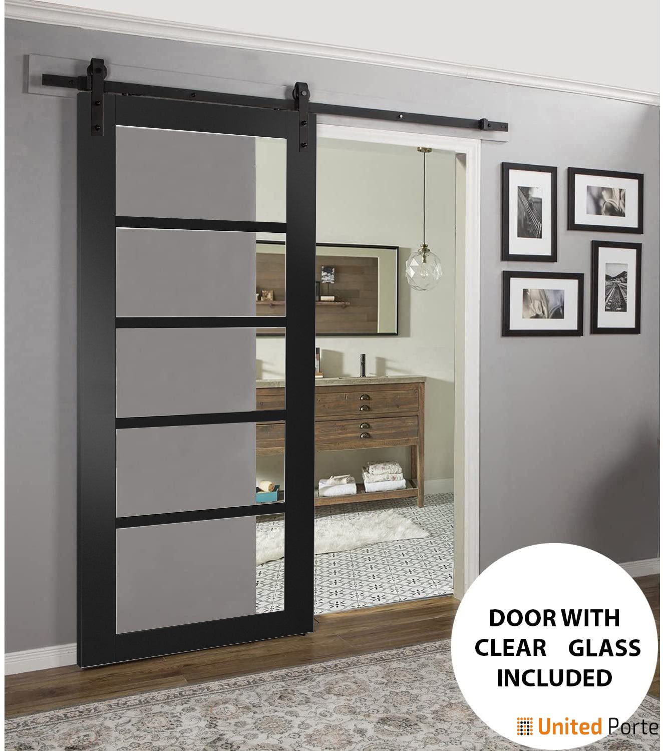 Quadro 4522 Matte Black Barn Door with Clear Glass and Black Rail