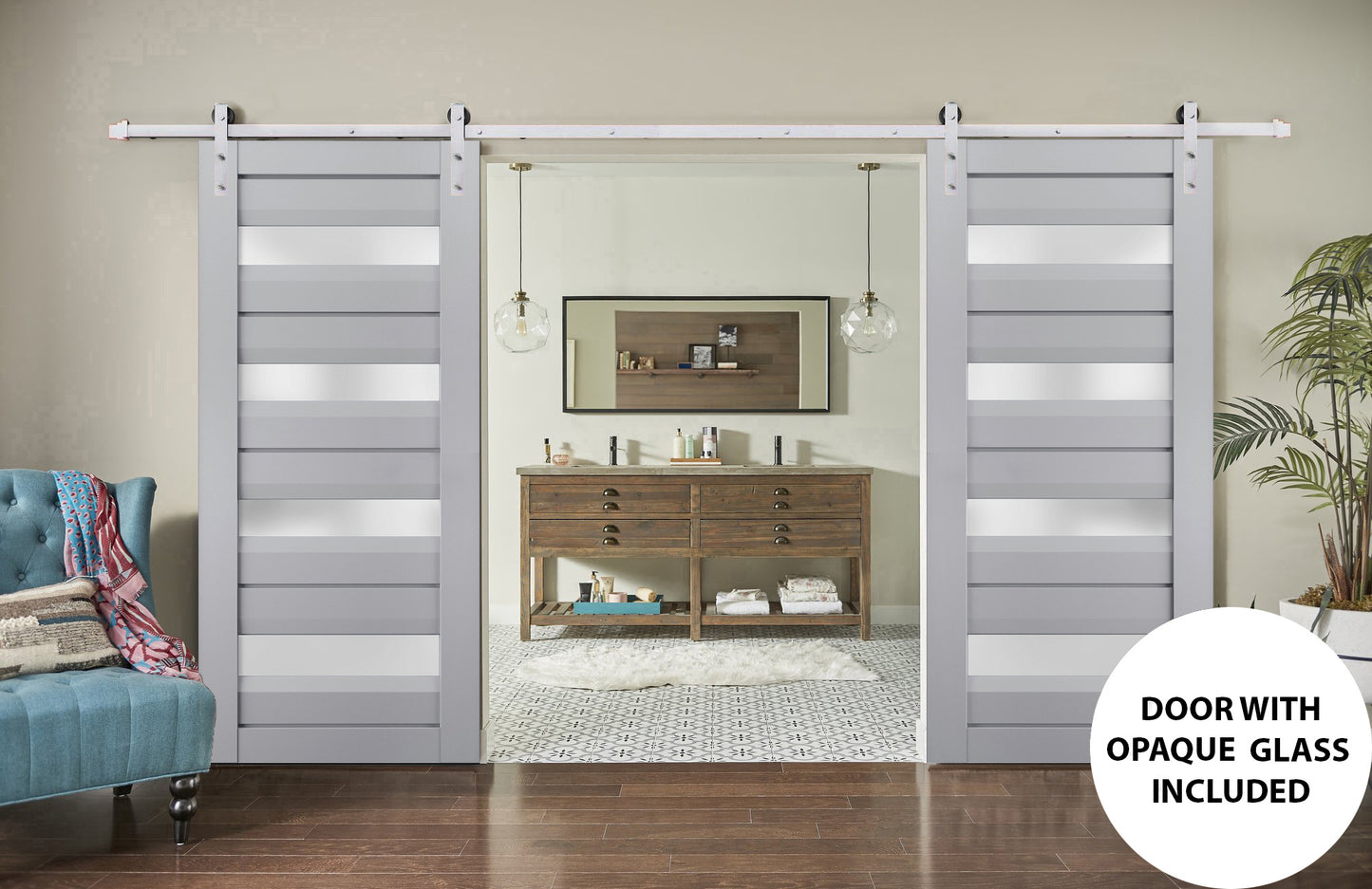 Veregio 7455 Matte Grey Double Barn Door with Frosted Glass and Silver Finish Rail