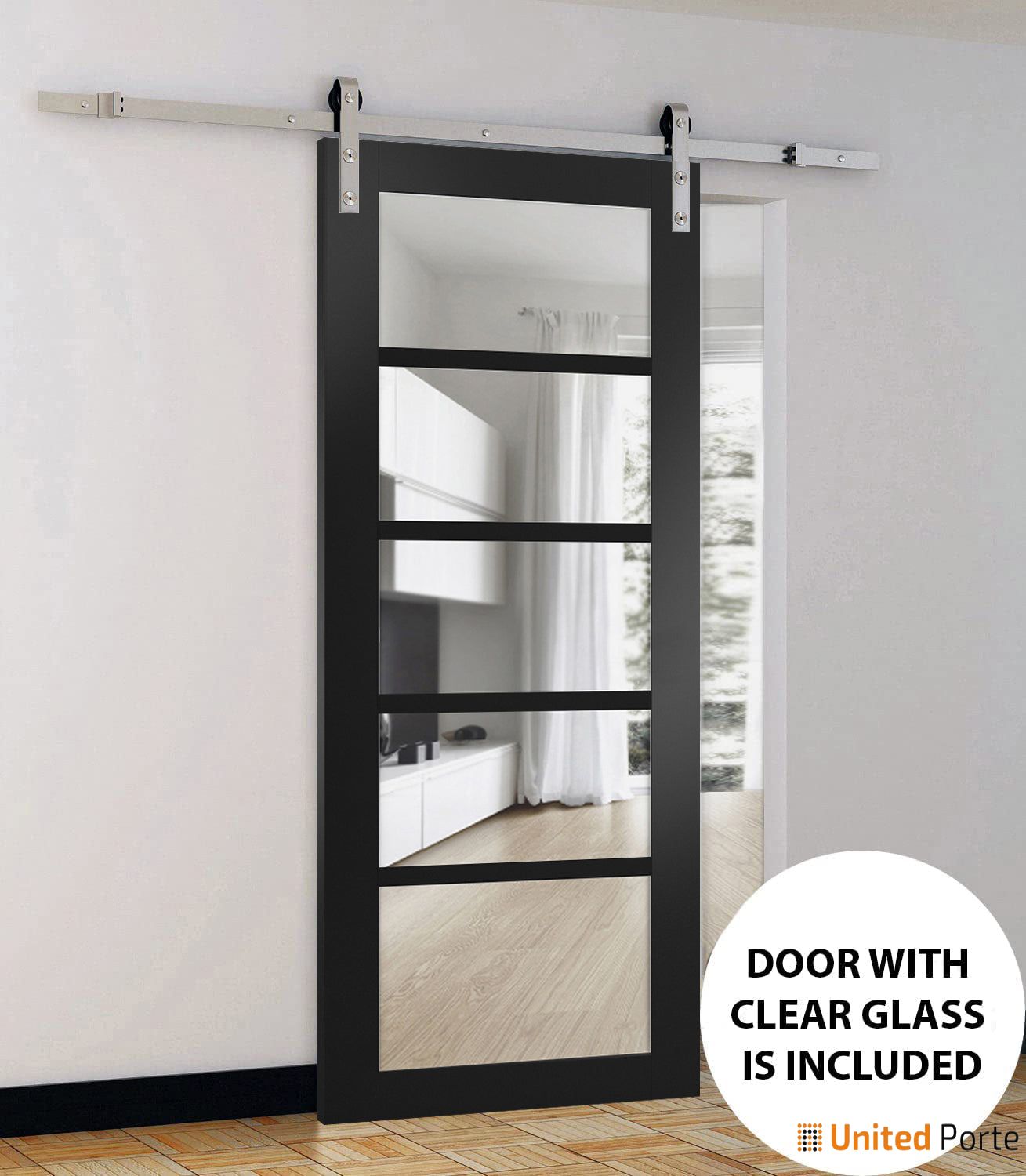 Quadro 4522 Matte Black Barn Door with Clear Glass and Silver Finish Rail