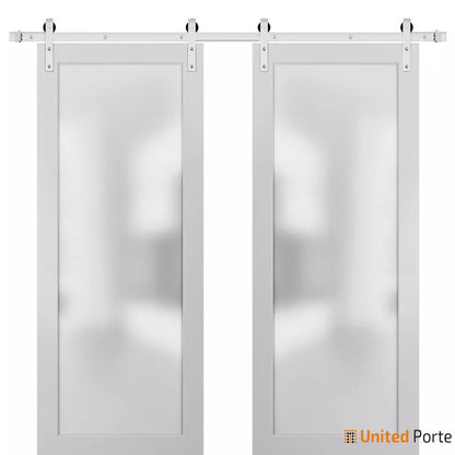 Planum 2102 Matte White Double Barn Door with Frosted Glass | Silver Finish Rail