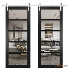 Load image into Gallery viewer, Quadro 4522 Matte Black Double Barn Door with Clear Glass | Silver Finish Rail