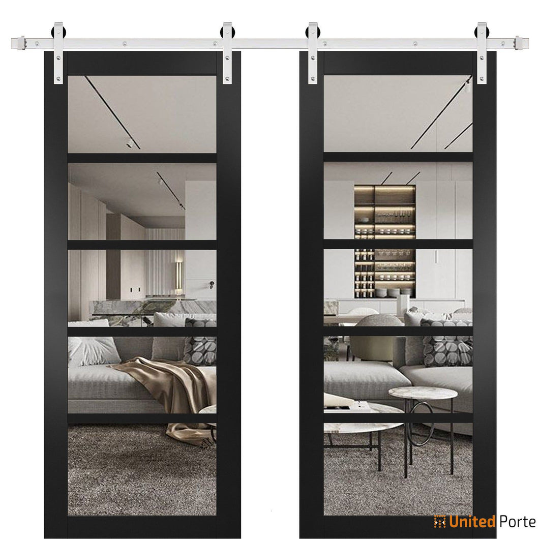 Quadro 4522 Matte Black Double Barn Door with Clear Glass | Silver Finish Rail