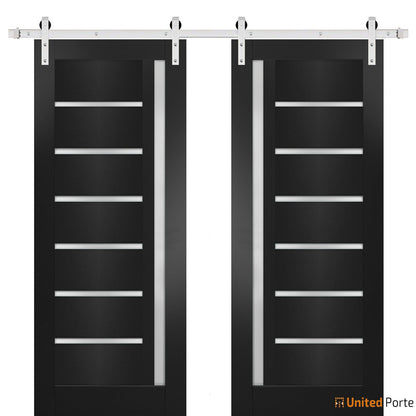 Quadro 4088 Matte Black Double Barn Door with Frosted Glass | Silver Finish Rails
