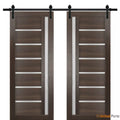 Quadro 4088 Chocolate Ash Double Barn Door with Frosted Glass | Black Rail