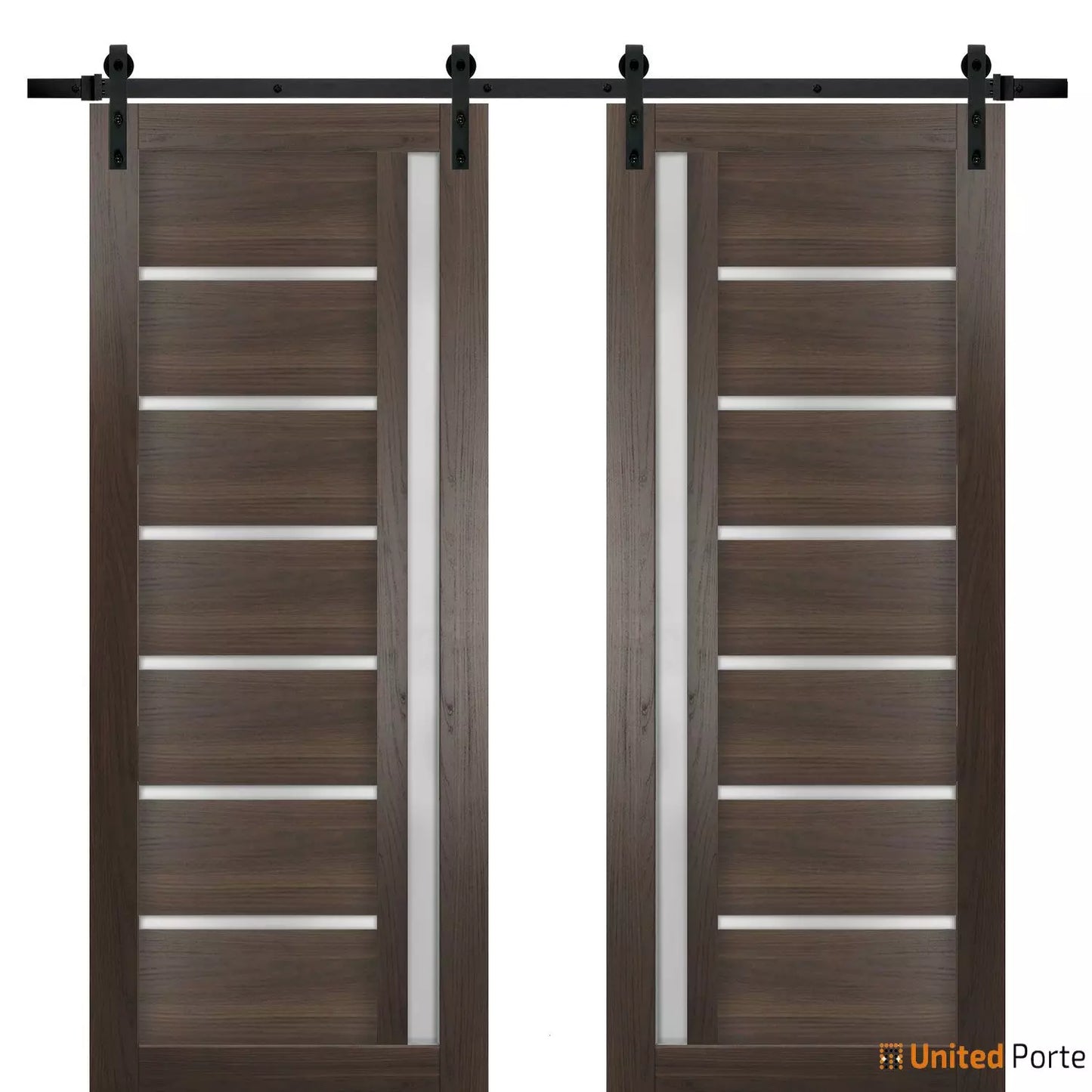 Quadro 4088 Chocolate Ash Double Barn Door with Frosted Glass | Black Rail