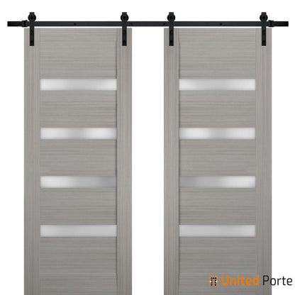 Quadro 4113 Grey Ash Double Barn Door with Frosted Glass | Black Rail