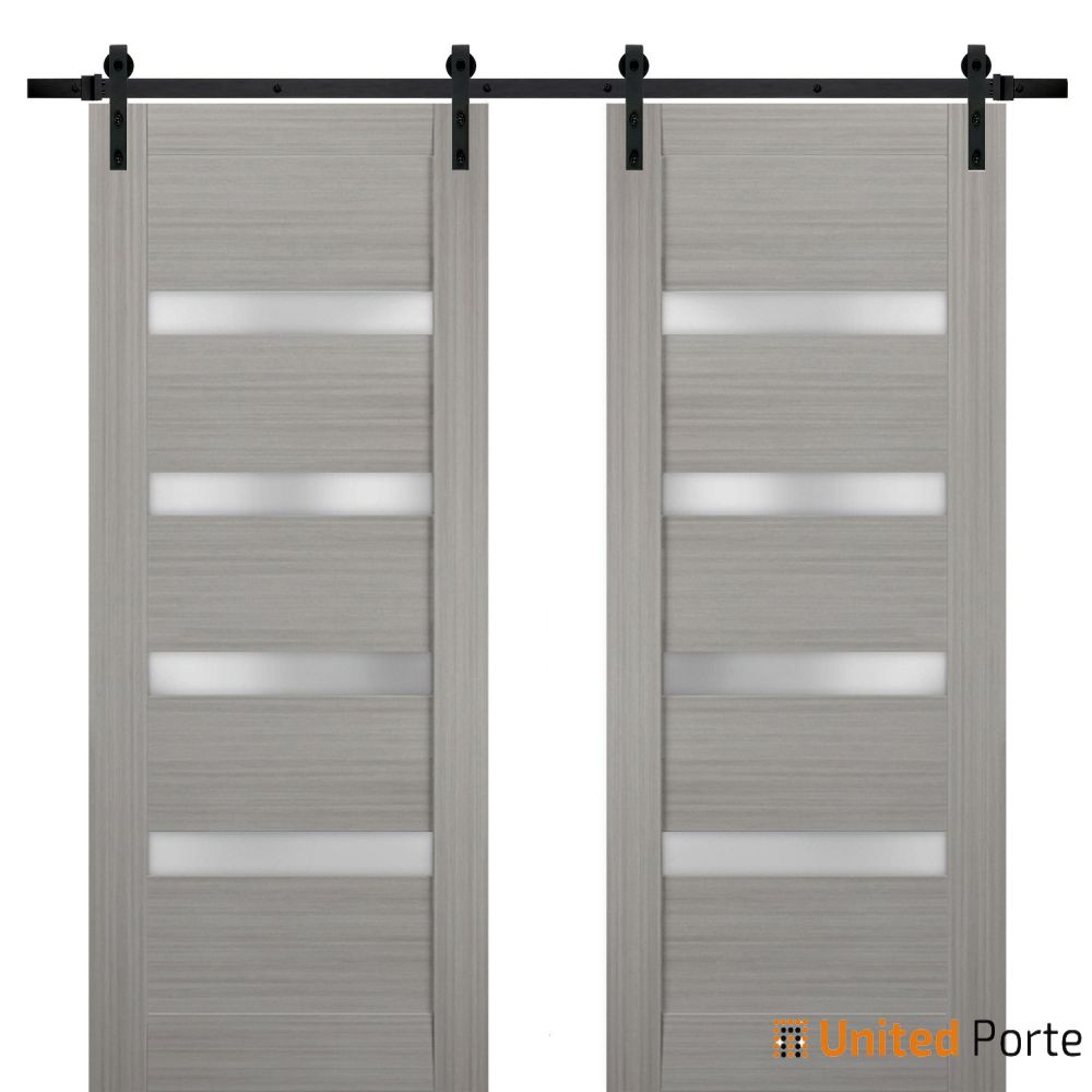 Quadro 4113 Grey Ash Double Barn Door with Frosted Glass | Black Rail