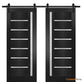 Quadro 4088 Matte Black Double Barn Door with Frosted Glass | Black Rail