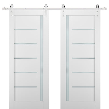 Quadro 4088 Matte White Double Barn Door with Frosted Glass and Silver Finish Rail