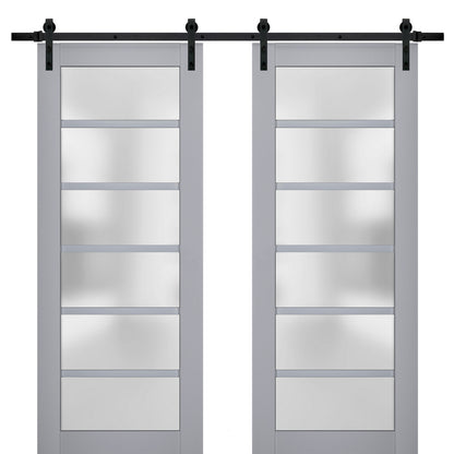 Veregio 7602 Matte Grey Double Barn Door with Frosted Glass and Black Rail