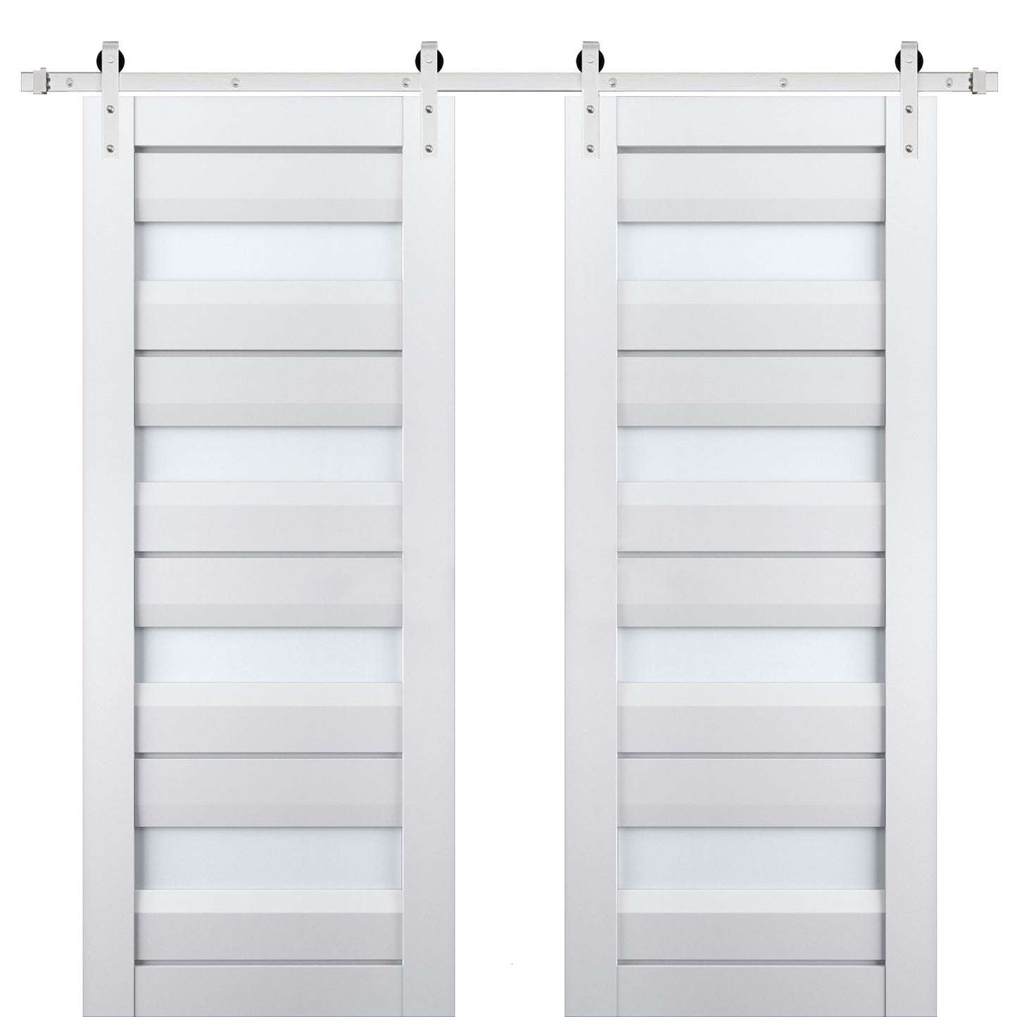 Veregio 7455 Matte White Double Barn Door with Frosted Glass and Silver Finish Rail