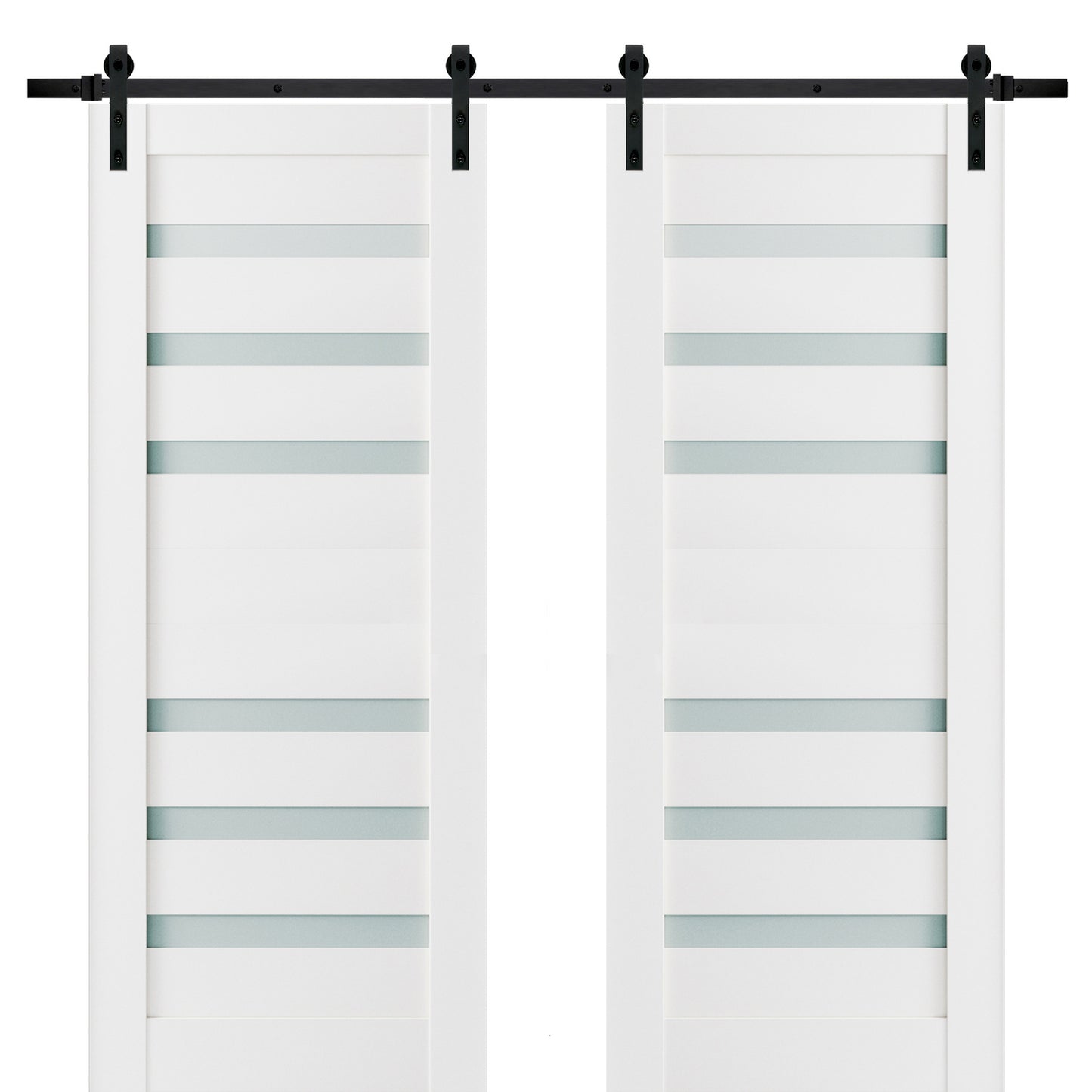Quadro 4266 White Silk Double Barn Door with Frosted Glass and Black Rail