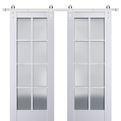 Veregio 7412 Matte White Double Barn Door with Frosted Glass and Silver Finish Rail