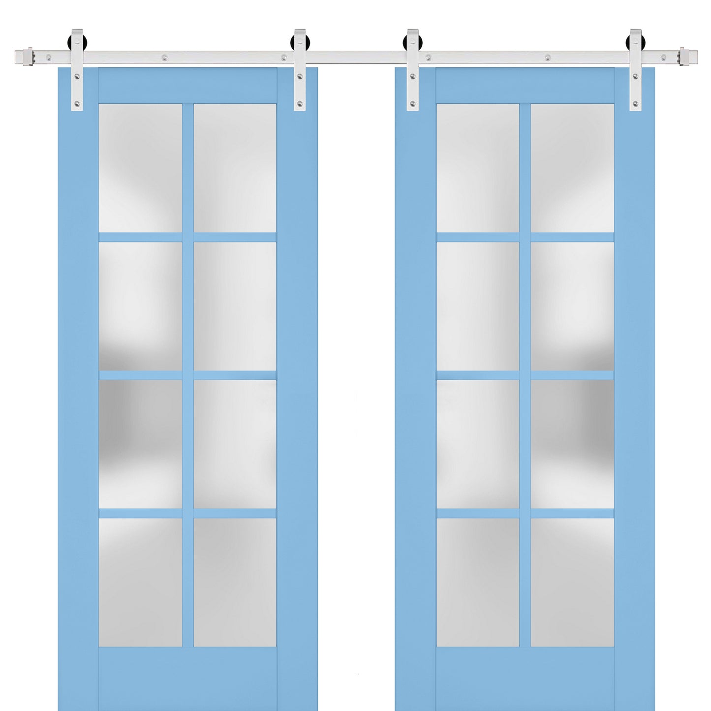 Veregio 7412 Aquamarine Double Barn Door with Frosted Glass and Silver Finish Rail