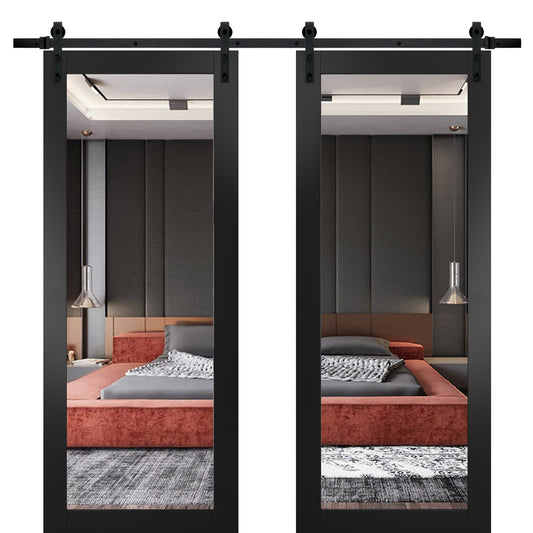 Lucia 1299 Matte Black Double Barn Door with Mirror Glass and Black Rail