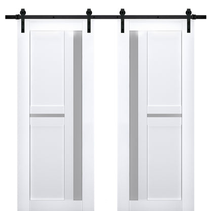 Veregio 7288 Matte White Double Barn Door with Frosted Glass and Black Rail