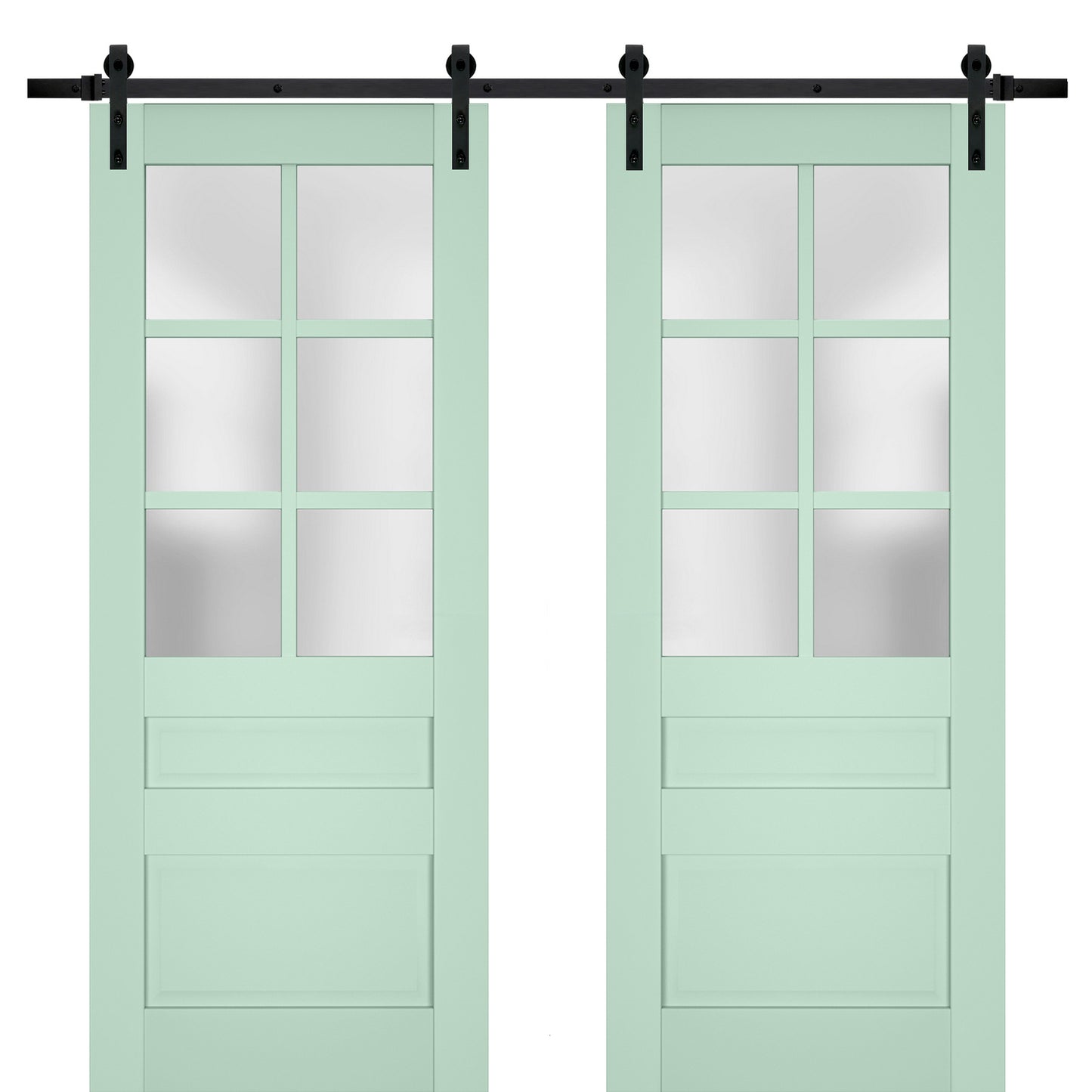Veregio 7339 Oliva Double Barn Door with Frosted Glass and Black Rail