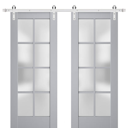 Veregio 7412 Matte Grey Double Barn Door with Frosted Glass and Silver Finish Rail