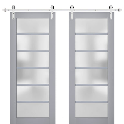 Veregio 7602 Matte Grey Double Barn Door with Frosted Glass and Silver Finish Rail