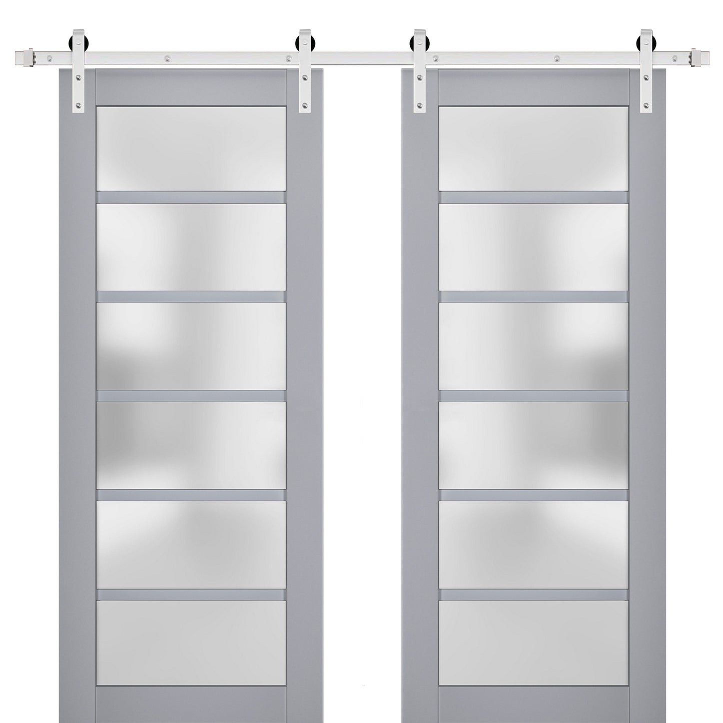 Veregio 7602 Matte Grey Double Barn Door with Frosted Glass and Silver Finish Rail