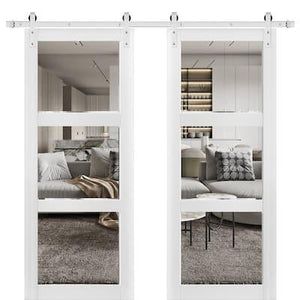 Lucia 2555 Matte White Double Barn Door with 3 Lites Clear Glass | Silver Finish Rail
